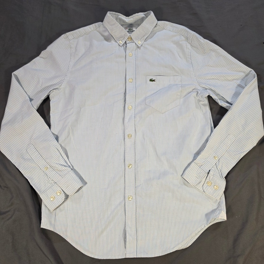 Lacoste Mens Regular Fit Striped Long Sleeve Button Down Shirt Blue White 40